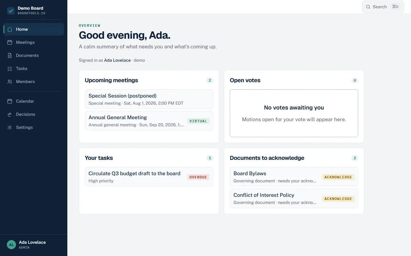 The BoardTools overview page: upcoming meetings, open votes, tasks, and documents awaiting acknowledgement, all on one page.